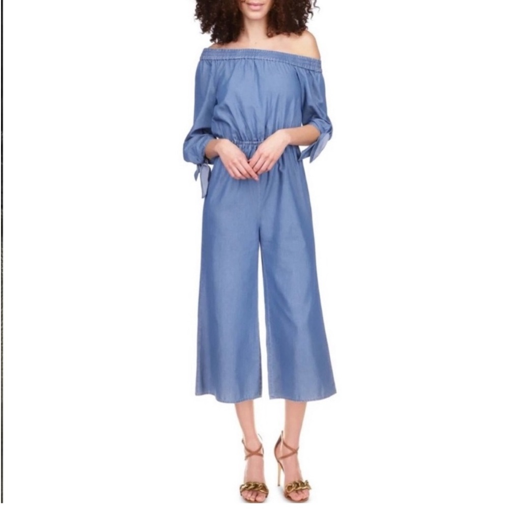 Michael Kors Women's Off The Shoulder Cropped Jumpsuit Blue Size Large NWOT - Picture 6 of 8